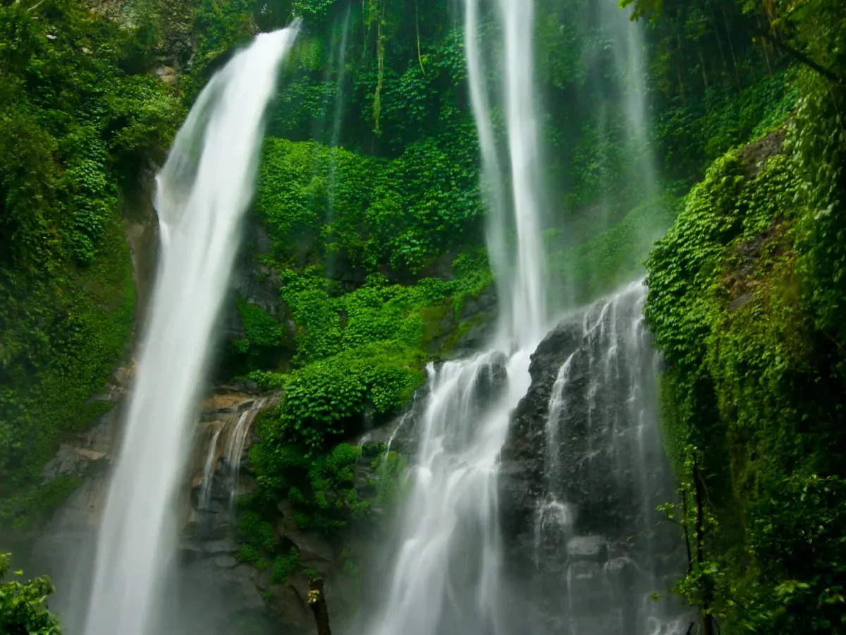A waterfall in Bali's tropical rainforest